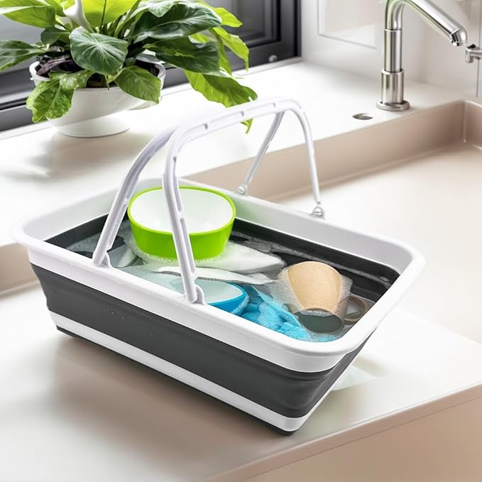 SAMMART Collapsible Basket with Handle 8L (2.1 Gallon) - Portable Outdoor Picnic Basket/Crate - Foldable Basin for Washing Dishes,Camping,Hiking (White/Steel Grey (Set of 2))