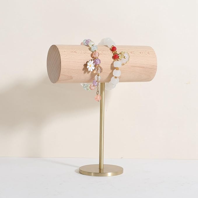 GemeShou White bracelet holder stand for selling, wood bracelet organizers and storage, retail bracelet hanger display for boutique Home Decor【Beech Brass Bracelet Holder-Low】