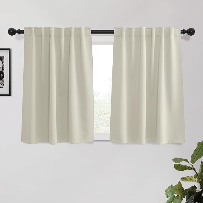 KGORGE Short Curtains 45 inch Length, Privacy Thermal Insulated Curtains Light Filtering Noise Reducing Window Drapes for Bedroom Kitchen, Back Tab Rod Pocket, W52 x L45 inches, Beige, 2 Panels