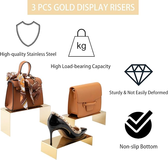 Purse Display Stand Set of 3, Gold Stainless Steel Handbag Holders, Heavy Duty Metal Riser Stands for Wallets, Bags, Shoes, Perfume, Jewelry – Boutique & Retail Countertop Display