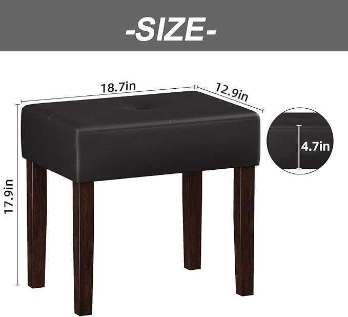 Leather Vanity Stool, 18.7 Inch Wide Rectangle Ottoman Bench for Makeup Room, Vanity Chair with Wood Legs for Piano Room, Bedroom,Living Room with Customizable (Cherry)
