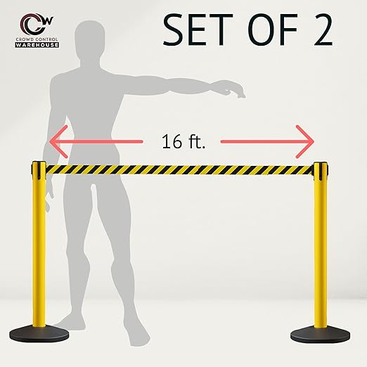 Crowd Control Warehouse CCW Series RBB-150 - Set of 2 Stanchion Retractable Belt Barriers - 16 Foot, Yellow Belt with Orange Post - Easy Assembly