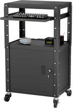 Mobile AV Cart with Cabinet, Rolling Computer Cart Height Adjustable Rolling Media Utility Cart with Extra Storage Space, 4 Outlets, Pullout Keyboard Tray Perfect for Home or Office Use