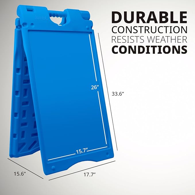 Jumbl A-Frame Signboard 15.7” x 26” Display Surface – Small Outdoor Sandwich Board w/Weather Resistant PVC Sign Protector & Sand Fill Holes – Dual Signage Stand for Storefront Sidewalk Curb (Blue)