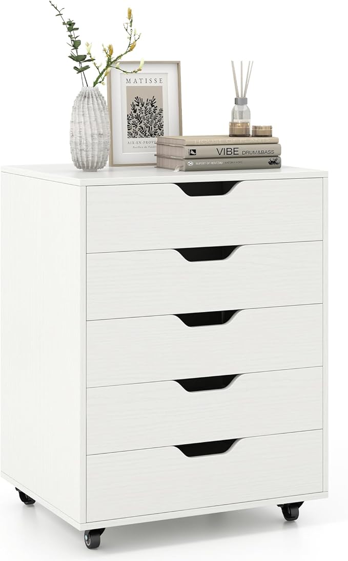LOKO 5-Drawer Storage Cabinet, Versatile Drawer of Chest with Lockable Wheels, Mobile Office Lateral File Cabinet, for Home Office, Study (White, 16" D x 19.5" W x 25.5" H)