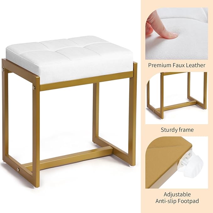 Faux Fur Vanity Stool Chair, Vanity Chair with Gold Metal Leg, Furry Soft Padded Makeup Footstools Seat Ottoman, Modern Chairs for Makeup, Bedroom, Square Small Stool Bench for Vanity White&Gold