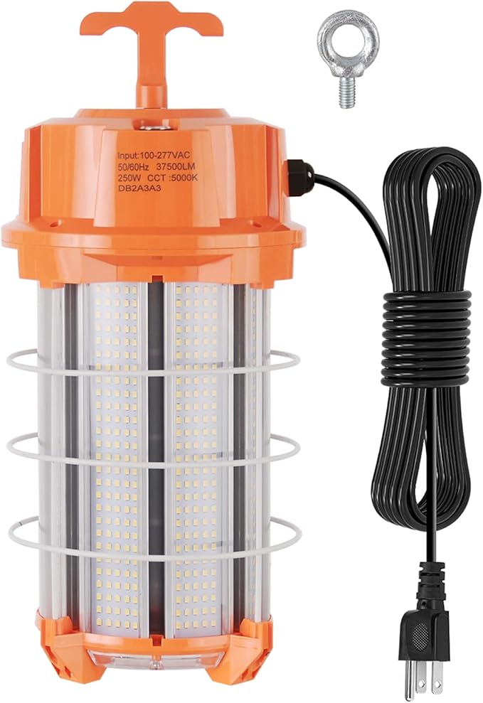 NS 250W Construction Lights Super Bright 37500 Lumens Led Temporary Work Light 5000K Portable Hook Temp Lights,Linkable Durable Job Site Lighting for High Bay Workshop Garage Shop Area Lighting