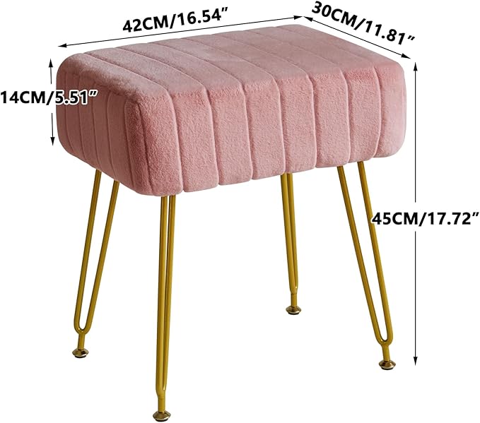 IBUYKE Velvet Rectangular Footrest Ottoman, Makeup Vanity Stool Side Table, Velvet Dressing Table Seat, Pouf Couch Stool, Golden Steel Legs, Pink LG-51P