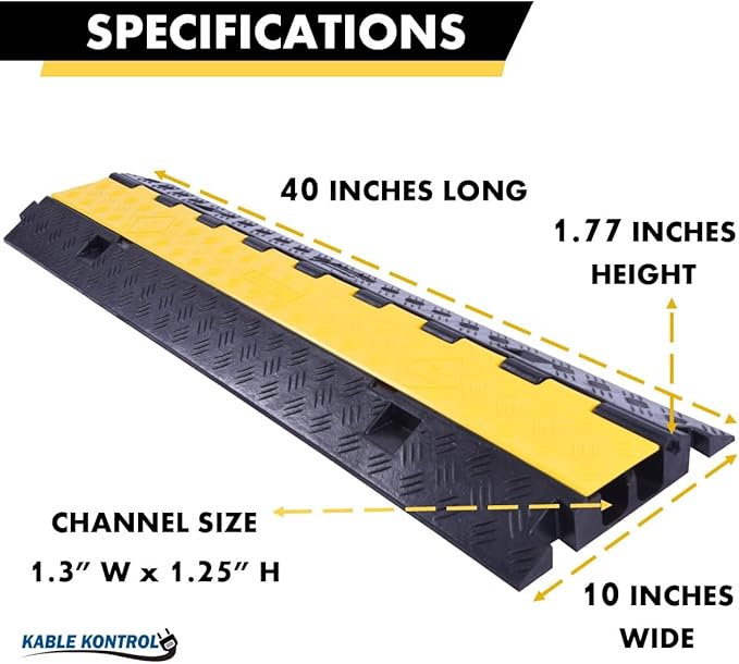 Kable Kontrol Atlas Heavy Duty Cable Protector Ramp - 2 Channel Bulk Wholesale Pallet - 80 Pcs - 40” Long Black & Yellow - 24,000 Lbs Capacity - Rubber Speed Bump Wire Protector Cord Cover - CP9987