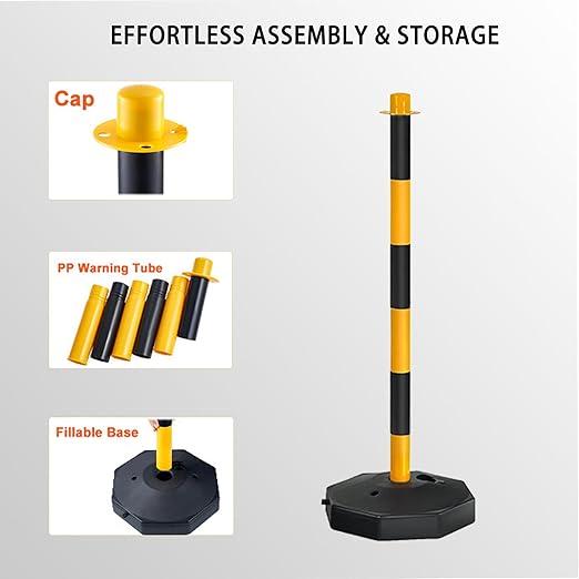 Adjustable Traffic Delineator Post Cones,10 Pack 34Inch,Traffic Safety Delineator Barrier with Fillable Base 6.6FT Chain,for Traffic Control Warning Parking Lot Construction Caution Roads,Yellow&Black