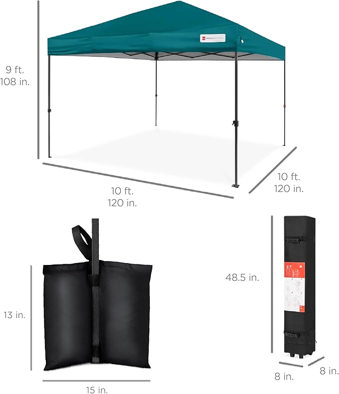Best Choice Products 10x10ft 1-Person Setup Pop Up Canopy Tent Instant Portable Shelter w/ 1-Button Push, Case, 4 Weight Bags - Cerulean