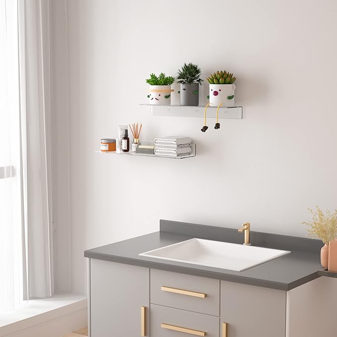 24 Inches Clear Floating Shelves for Wall, Acrylic Long Wall Shelf, Wall Mounted Shelves for Plants, Speaker, Radio, Funko Pop, Stuffed Animal, Books, Cosmetics, Toiletries, 2 Pack (24 Inch)