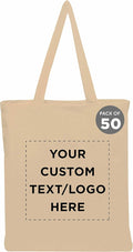 DISCOUNT PROMOS Custom Cotton Canvas Tote Bags Set of 50, Personalized Bulk Pack - Reusable, Great for Shopping, Grocery, Beach, Picnic, Wedding Favors - Natural