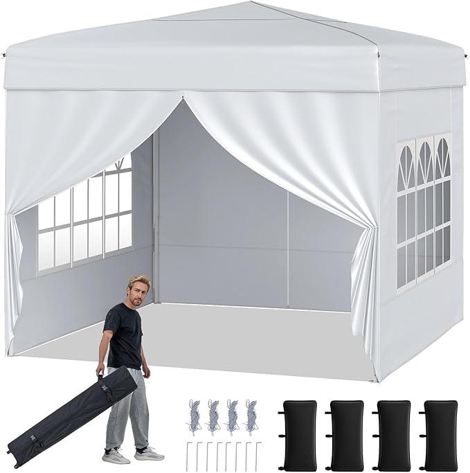 Tangkula 10x10 FT Pop Up Canopy, Outdoor Canopy Tent with 2 Removable Sidewalls & 2 Zippered Doors, Heavy-Duty Carbon Steel Frame, Wheeled Bag, 4 Sandbags, 8 Stakes, 4 Wind Ropes for Party Event