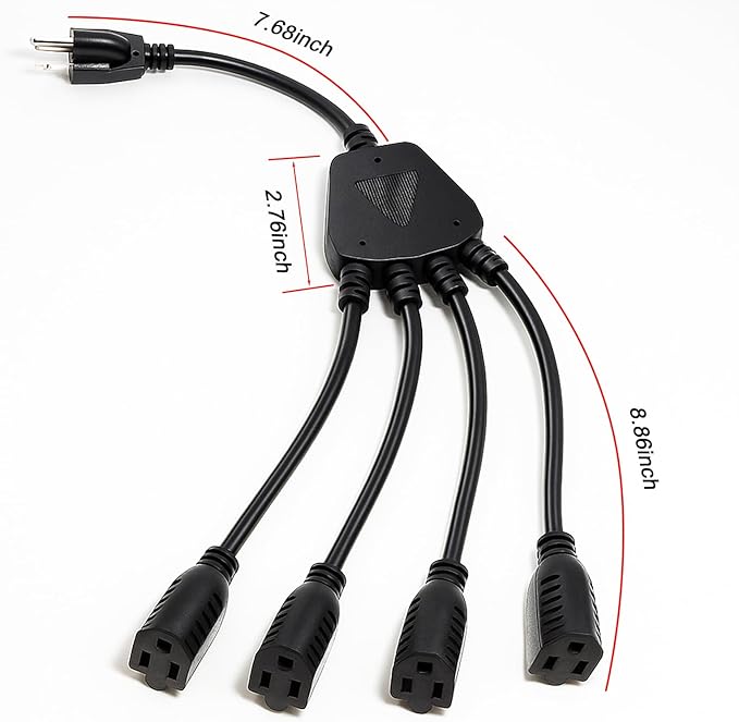 oviitech 1 to 4 Splitter Power Cord,3-Prong SJTW 16 Gauge/3C Extension Cord,1.5FT 4 Outlet Y Splitter Power Extension Cable,Black.