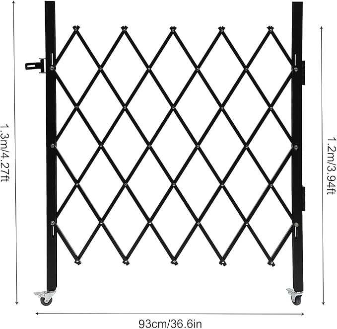 Single Folding Security Gate 4.27'Hx36.6 W Iron Accordion Security Gate Flexible Expanding Security Gate 180° Rolling Barricade Scissor Door with Padlock for Entry Security,Garage,Warehouse