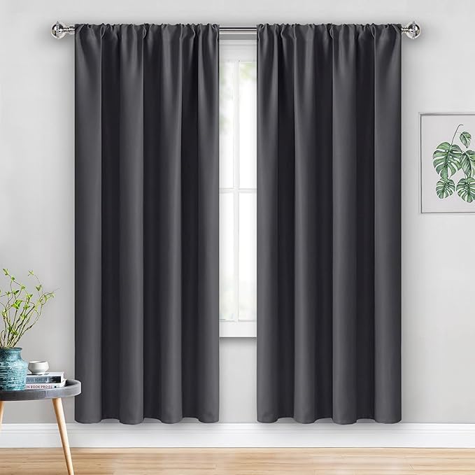 JIUZHEN Blackout Curtains for Bedroom– Thermal Insulated,Noise Reducing Room Darkening Rod Pocket Curtains for Living Room, Set of 2 Panels with Tiebacks, 42 x 72 inch Long, Dark Grey