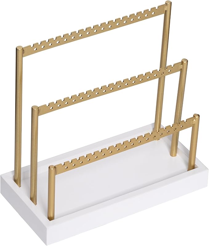 SANY DAYO HOME 3-Tier Earring Holder Organizer Stand, 105 Holes Gold Metal Earring Rack Jewelry Display Tree with White Wood Tray for Women and Girls
