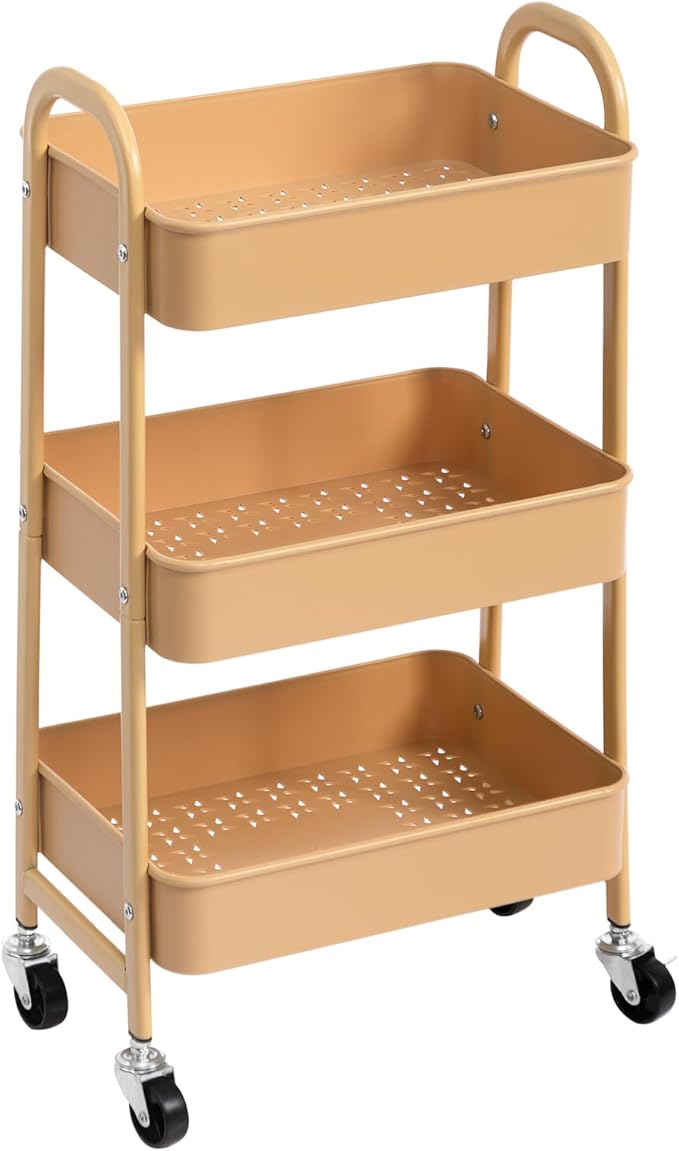 AGTEK 3-Tier Rolling Carts with Wheels, Rolling Utility Cart with Iron Frame for Kitchen, Plastic Shelves, Living Room, Office, Khaki