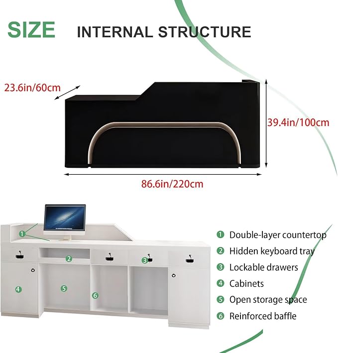 Modern Reception Desk with Counter Front Reception Table with Hidden LED Lighting Commercial Receptionist Desk Black Checkout Counter Fully Assembled and Ready to Use 87inch