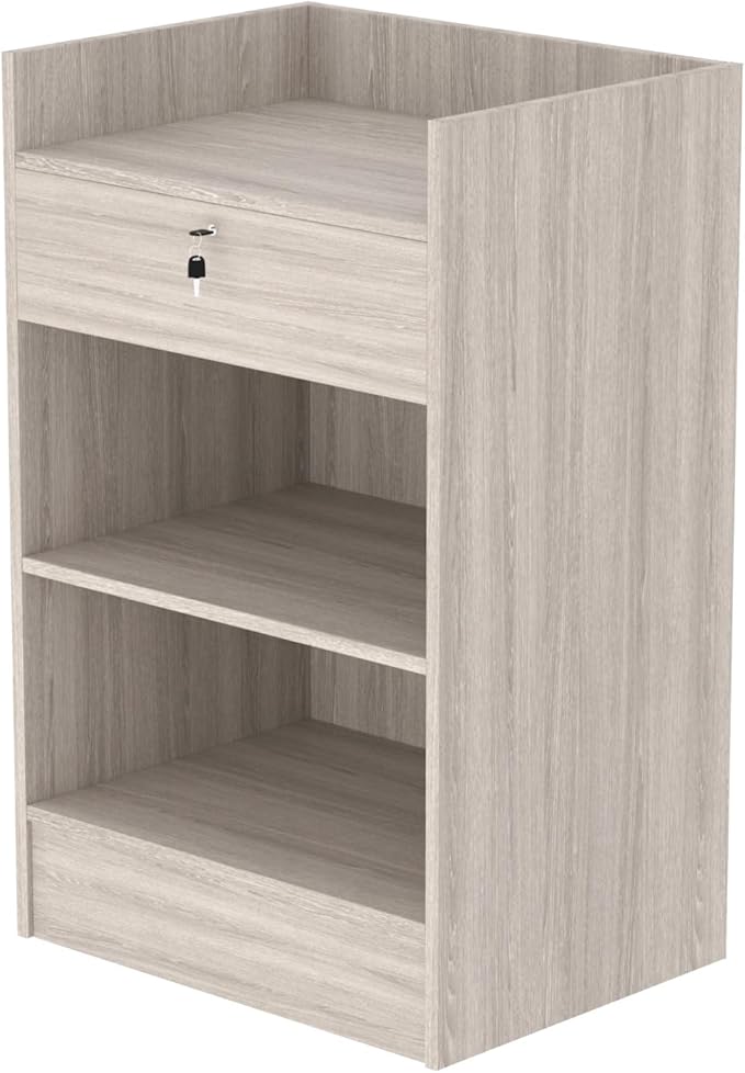 24”W * 18”D * 38”H - Cash Register Stand，Cash Wrap Checkout Desk Counter Stand with Drawer & 2 Tiers Storage for Church, Retail Store, Debate, Shopping Mall (Gray Wood Grain)