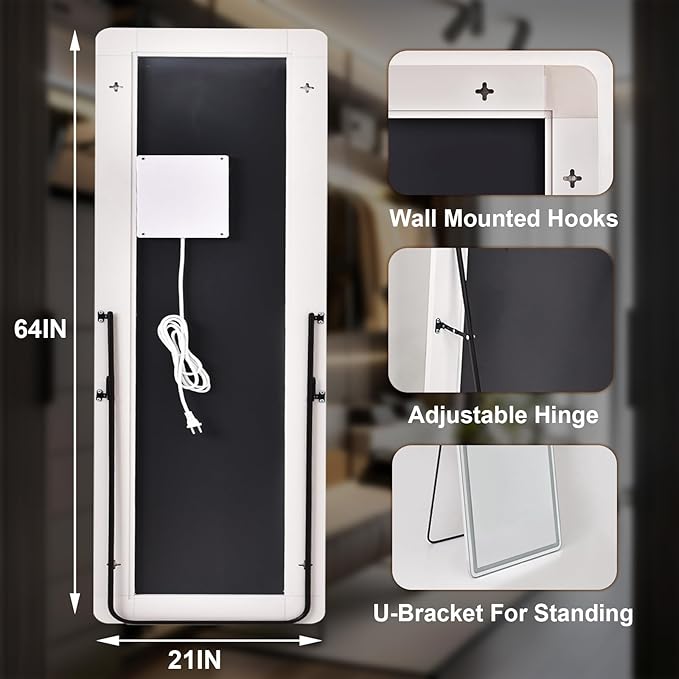 LED Rectangular Corner White Full Length Mirror - 21“ x 64” Brightness Adjustable, Touch Screen Control, Wall Mounted or Freestanding, for Bedroom Living Room Cloakroom Dressing Mirror
