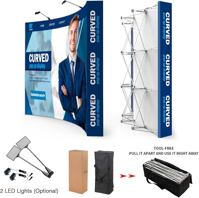 Custom Curved Pop Up Displays Trade Show Backdrop 7.5x7.5 FT Tension Fabric HD Banner Printing Banner Pop-up Display Stand Trade Show Booth Display for Business Corporate Wedding Mall