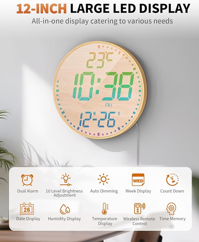 12" Large Digital Wall Mount Clock, Count Down Timer, Alarm, Big LED, 12 RGB Color, Temperature for Living Room Classroom Desk (Bamboo Elements)