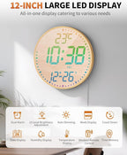 12" Large Digital Wall Mount Clock, Count Down Timer, Alarm, Big LED, 12 RGB Color, Temperature for Living Room Classroom Desk (Bamboo Elements)
