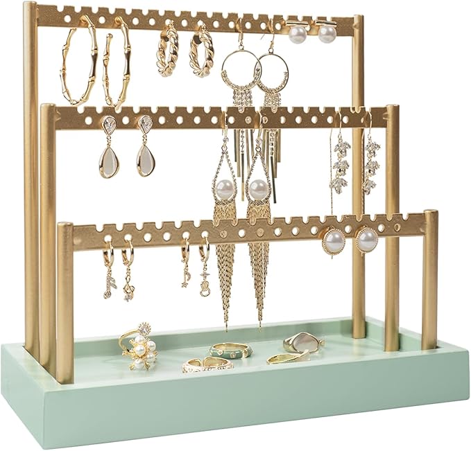 SANY DAYO HOME 3-Tier Earring Holder Organizer Stand, 105 Holes Gold Metal Earring Rack Jewelry Display Tree with Sage Green Wood Tray for Women and Girls
