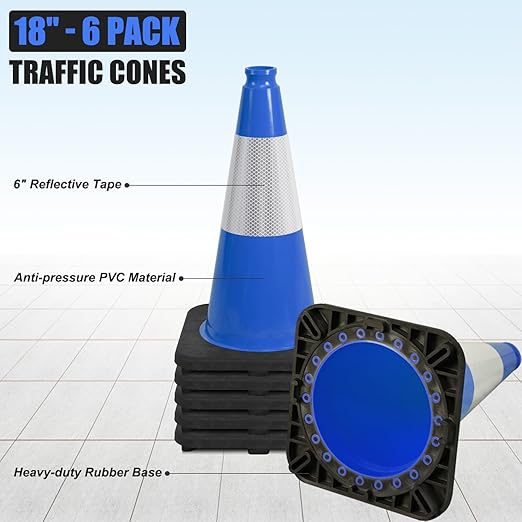 6 Pack 18" Inch Blue PVC Traffic Cones with Heavy-Duty Base, High-Visibility All-Weather Safety Cones for Road Construction, Parking Lot, and Garage Use (6, Blue, 18" Medium)