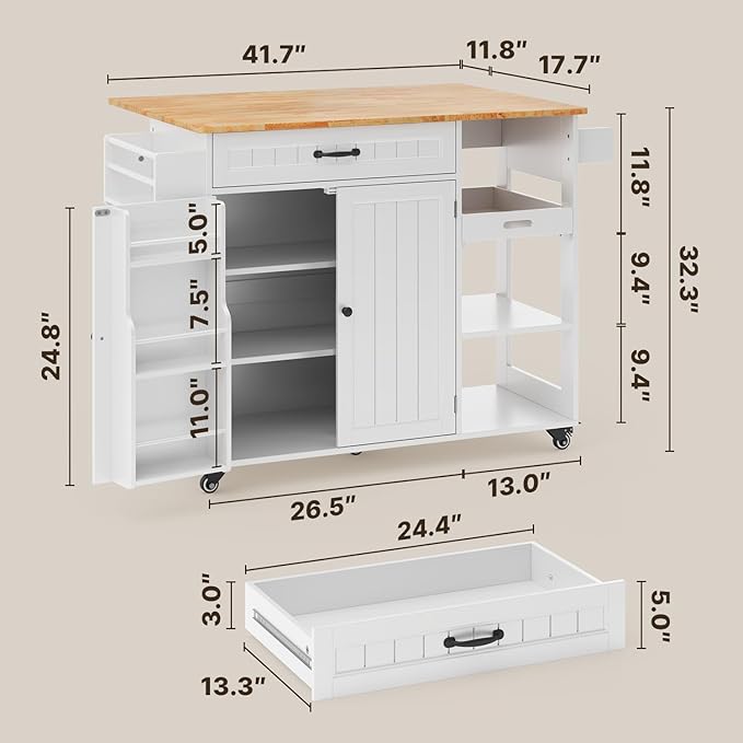 Gizoon Update Kitchen Island, 41.7" W Kitchen Island with Storage, Rolling Island Table on 5 Wheels, with Drop Leaf, Refrigerator Door, Adjustable Shelf, Spice/Towel Rack, Removable Tray, White