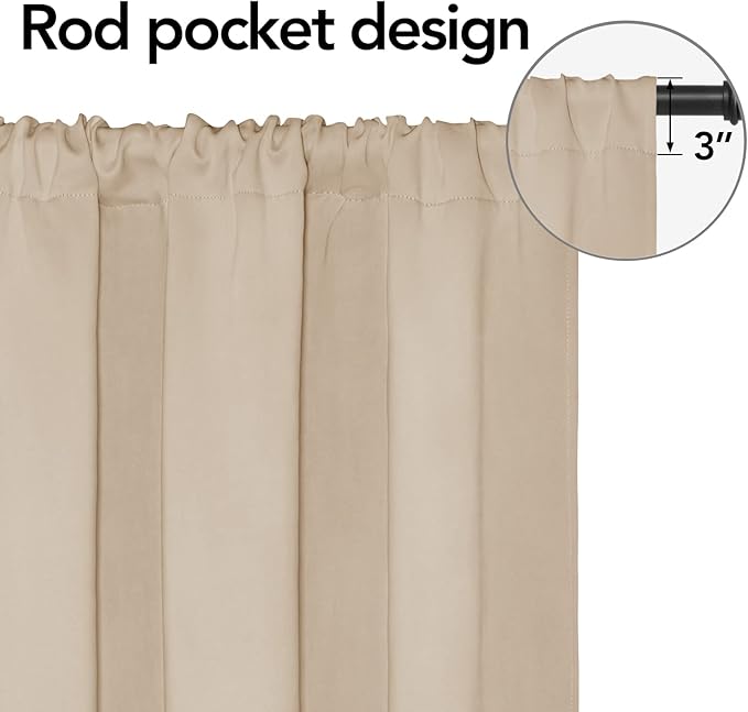 Easy-Going Rod Pocket Blackout Curtains for Bedroom, Room Darkening Window Curtains for Living Room, Thermal Insulated Noise Reduction Solid Window Drapes, 2 Panels(52x56 in, Beige)