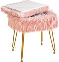 IBUYKE Rectangular Faux Fur Vanity Stool with Storage, Furry Makeup Chair Ottoman, Soft Padded Seat, Round Footrest Footstools with 4 Metal Legs, for Living Room Bedroom Entryway, Pink WBD022P