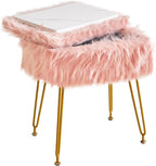 IBUYKE Rectangular Faux Fur Vanity Stool with Storage, Furry Makeup Chair Ottoman, Soft Padded Seat, Round Footrest Footstools with 4 Metal Legs, for Living Room Bedroom Entryway, Pink WBD022P