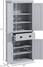 HOMCOM 72" Traditional Kitchen Pantry Cabinet, Freestanding Tall Storage Cabinet with 4 Doors, Drawer and 3 Adjustable Shelves for Dining Room, Gray