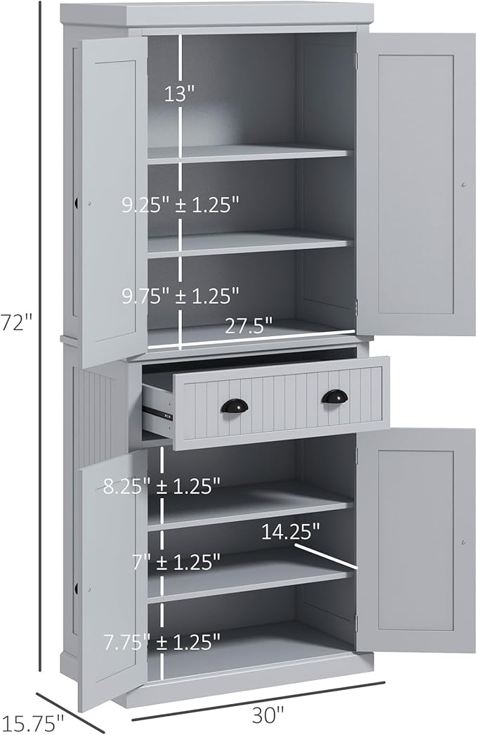 HOMCOM 72" Traditional Kitchen Pantry Cabinet, Freestanding Tall Storage Cabinet with 4 Doors, Drawer and 3 Adjustable Shelves for Dining Room, Gray
