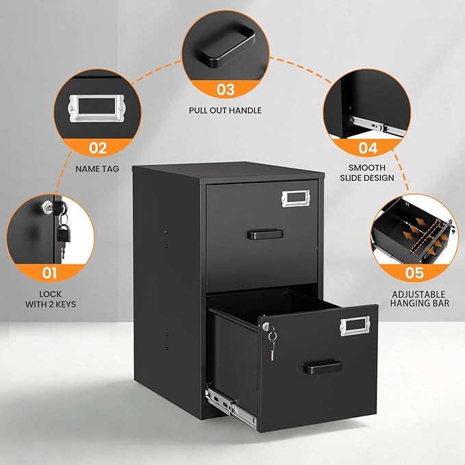 2 Drawer File Cabinet with Lock, Metal Filing Cabinets for Home Office, Vertical Black Small Caninet for Home Office, Steel Narrow Two Drawer File Cabnet for Letter/File Box- Assembly Required