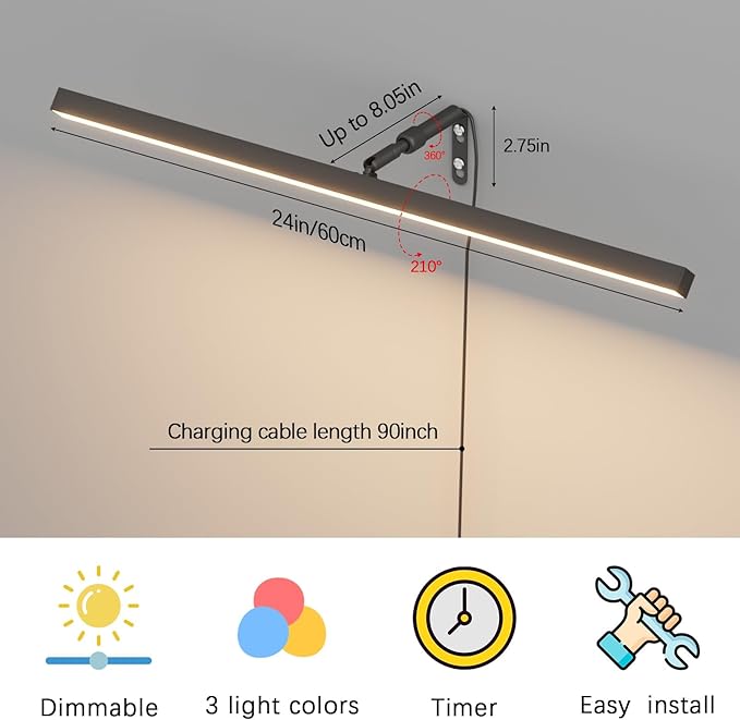 24" Plug in Picture Light for Paintings with Remote Control, 9W LED Art Display Lighting for Gallery, Dartboard, Artwork, Black Wall Mounted Picture Frame Light