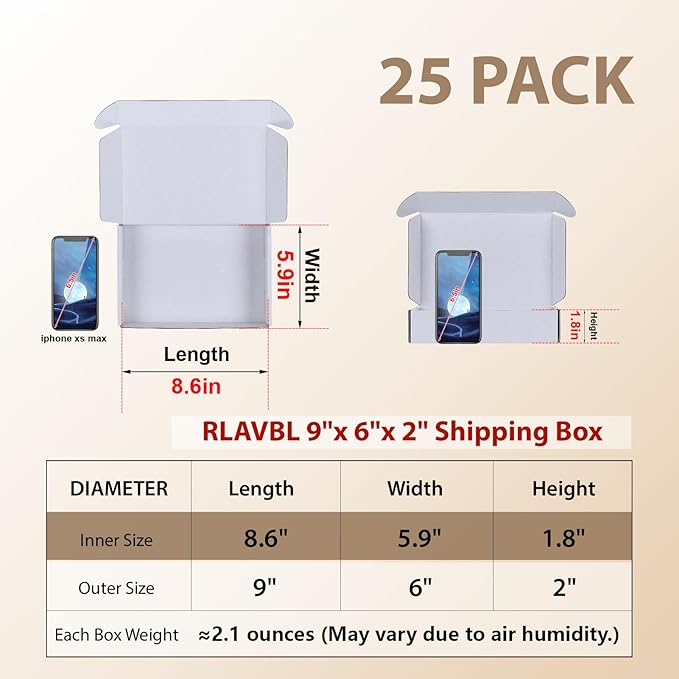RLAVBL 9x6x2 Shipping Boxes Set of 25, White Corrugated Cardboard Box for Packing, Mailing, Business