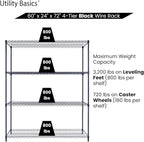 NSF Commercial 4-Tier Wire Shelving with Wheels, 60"x24"x72" Heavy Duty Metal Shelves 3200 lbs Max Capacity, Black Storage Rack for Garage Kitchen Pantry Warehouse