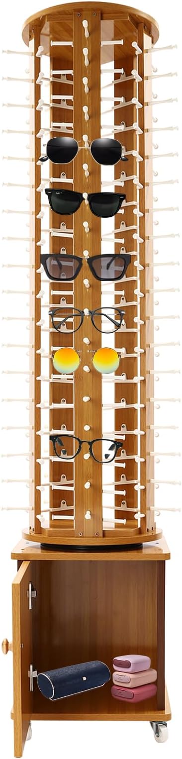 Sunglasses Display Stand, 90 Pairs Wooden 360° Rotating Sunglass Eyeglass Holder Organizer, Glasses Hanger Storage Rack for Retail Commercial Display, L16.9*W14.2*H66.1in, Brown