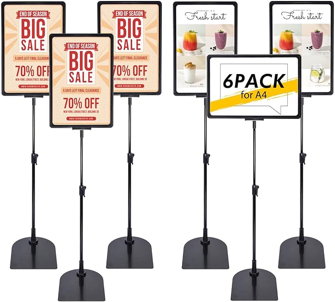 Retail Sign Holder for Display Indoor, Portable Signage Stand Double Sided Sale sign for Business Store Retail Market Vendor Advertising Trade Show Display (A4, 6Pack)