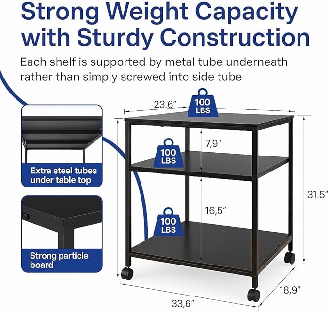 Heavy Duty 2-Tier Printer Stand with Locking Wheels, 19.5"x19.5" Large Printer Table Shelf, Holds 100 lbs per Shelf - Fits Most 60" Desks, Perfect for Office, Home, Laser Printer or Mini Fridge