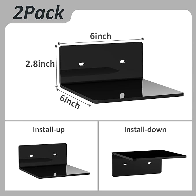 6 Inches Acrylic Small Wall Shelves 2 Pack, Floating Shelf for Wall Mounting, Acrylic Display Ledges for Funko Pop Figures, Home Décor, Living Room, Gaming Room, Plants(6 inch, Black)