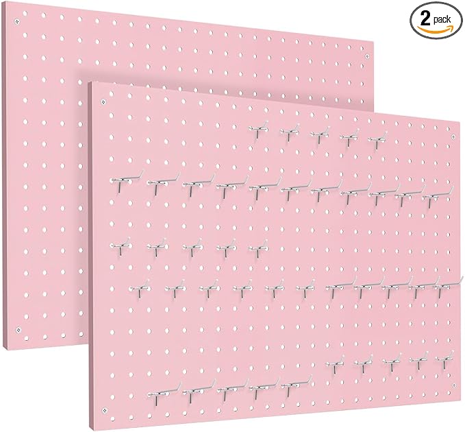 Peg Board, 2 Pack Metal Pegboard Panels Pink Pegboards Wall Organizer with Frame Large Heavy Duty Peg Board with Hooks for Walls Home,Garage Tool Storage,Office Organization,Kitchen 24”×16”