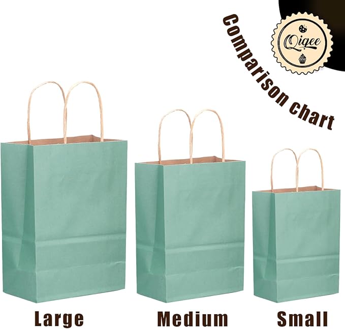 qiqee 100PCS Gift Bag with Handles Bulk Kraft Light Blue Paper Bags Assorted Sizes(33pcs Large 13",33pcs Medium 11",34pcs Small 8")