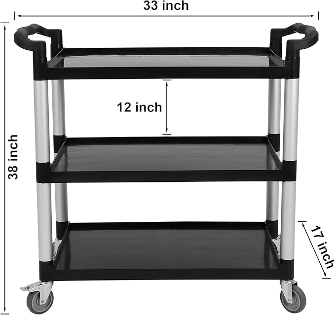 3-Tier Heavy Duty Rolling Cart with 360° Lockable Wheels, 120lbs Per Shelf Storage Utility Cart for Kitchen, Restaurant, and Office Use, Multifunctional Storage, Black, 42" Wx20 Dx39 H