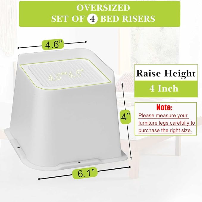 Bed Risers 1 inch, 2 inch, 3 inch, 4 inch, 6 inch, 8 inch Heavy Duty, Oversized Furniture Riser for Couch Sofa Table Chair Leg Frame Dorm, Support up to 6000 Lbs (White 4 Pack, 4 inch)