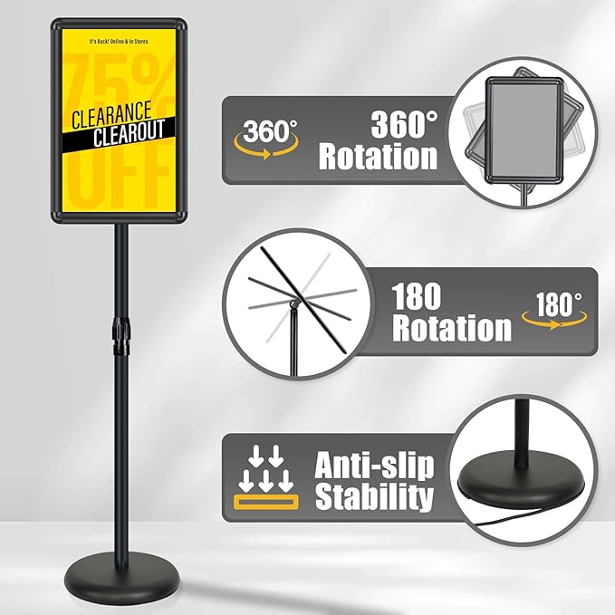 Sign Stand - Standing Sign Holder for 11x17 Inch, Pedestal Poster Sign Stand, Vertical and Horizontal View Sign Displayed, Round Corner Sign Holder for Church School Parties Business, Black (6 Pack)